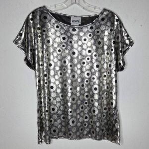 ORARE Vintage Liquid Polyester Shirt M 80s 90s Silver Black Lux Metallic Rave